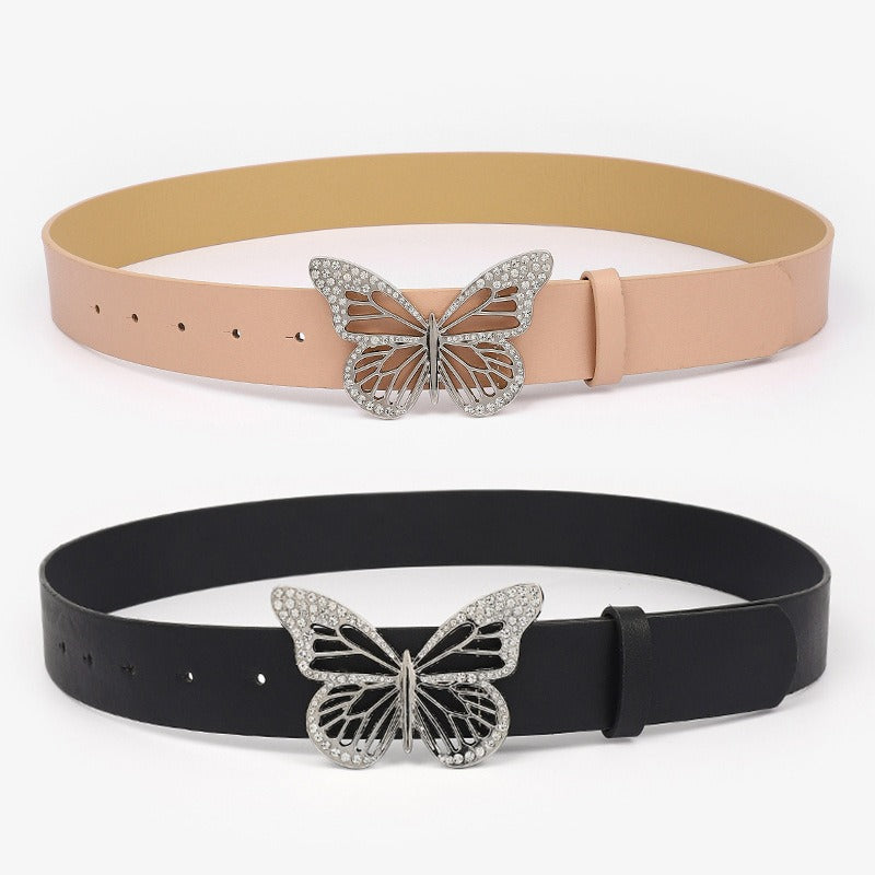 New Butterfly Water Diamond Buckle Belt Women's Simple Versatile Decorative Dress Jeans Belt Women