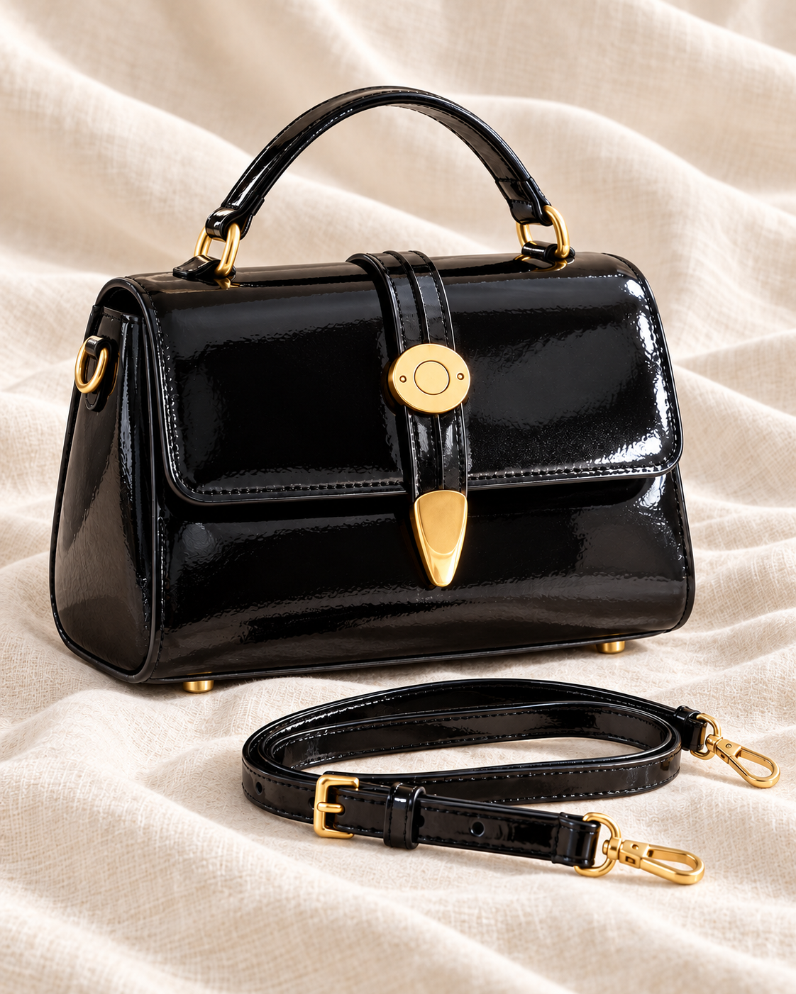 Bolso Luca negro de charol, vista frontal.