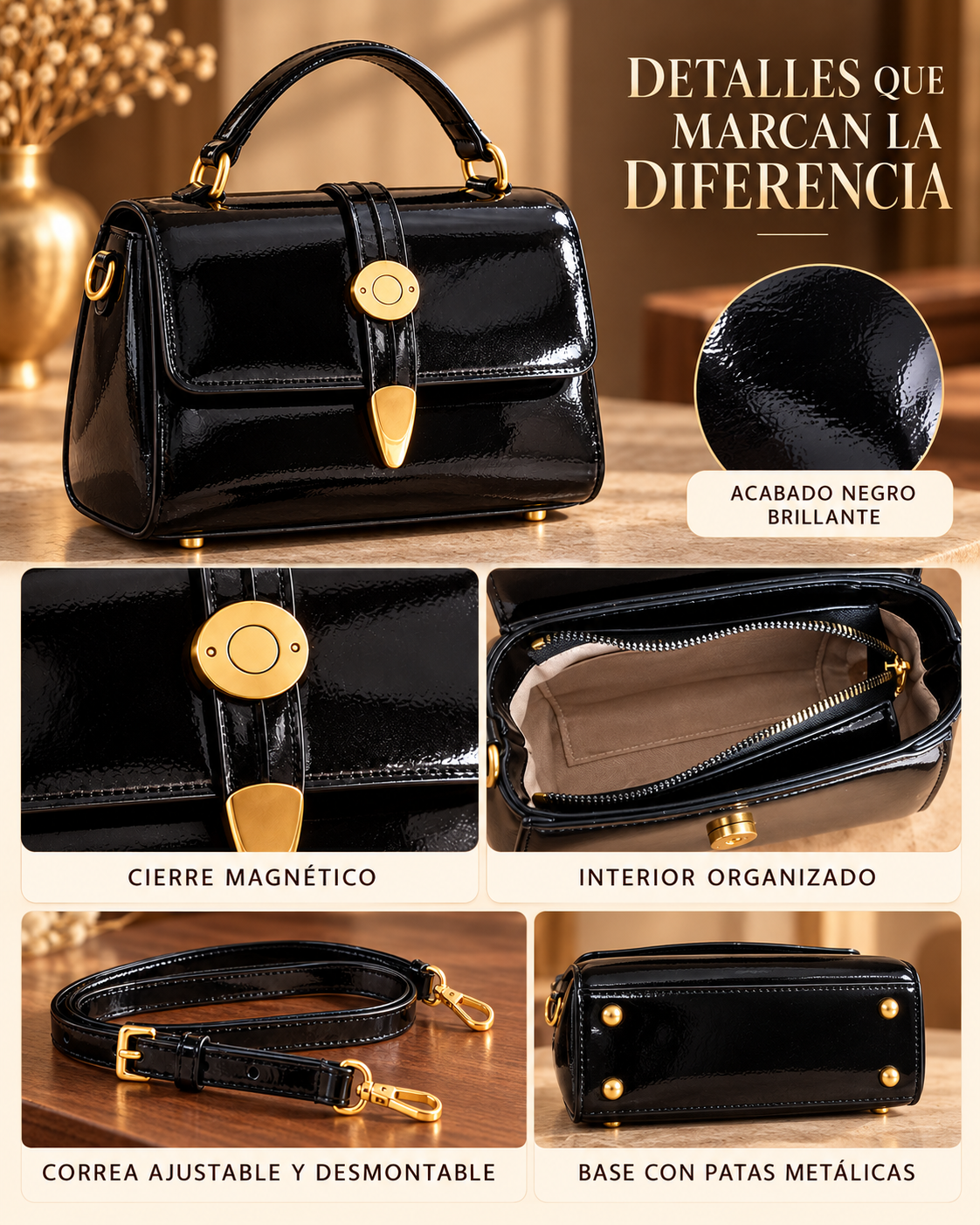 Detalles del bolso Luca negro de charol.