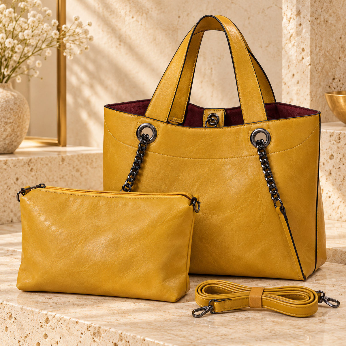 Conjunto del bolso Roma amarillo con estuche y cuerda