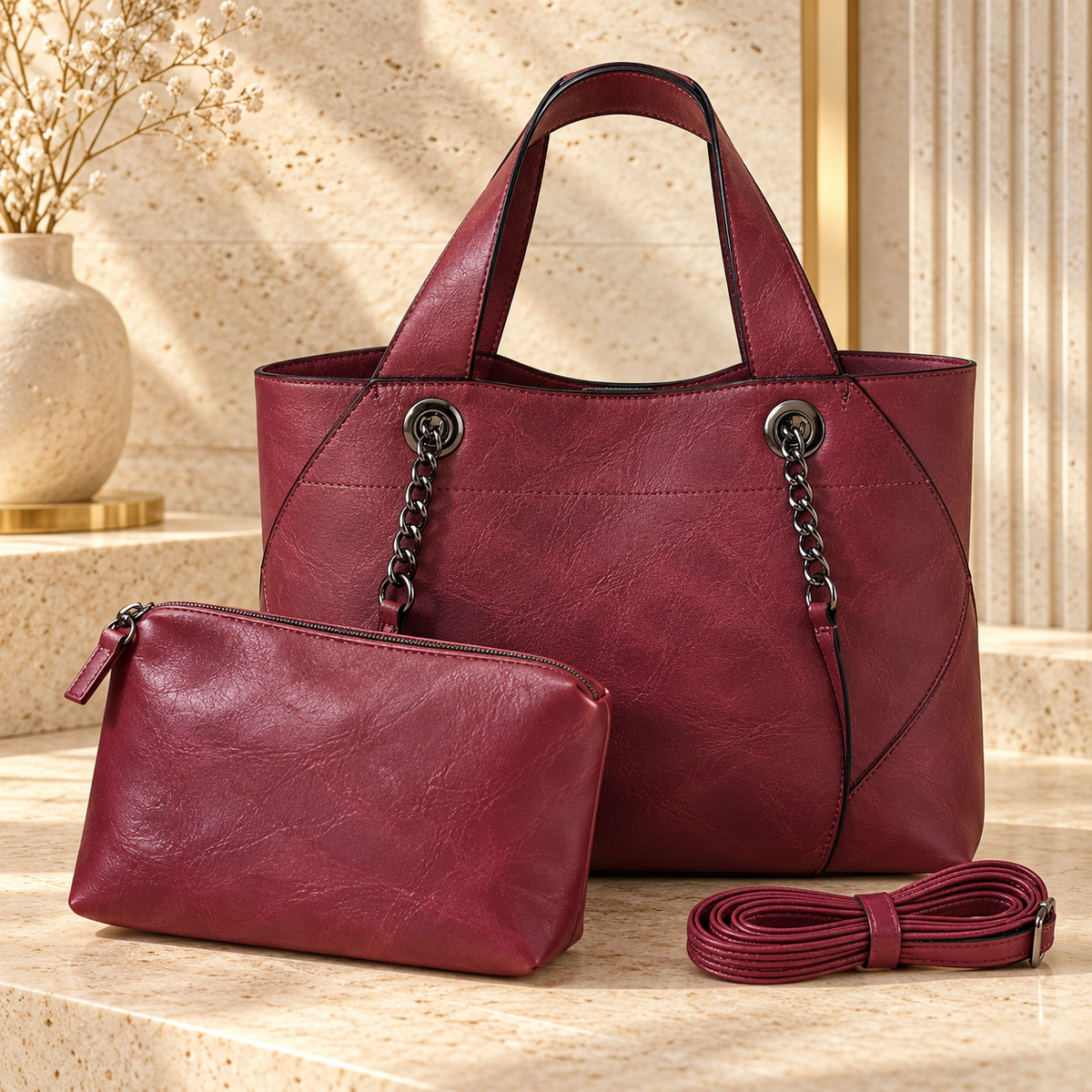 Conjunto del bolso Roma burdeos con estuche y cuerda