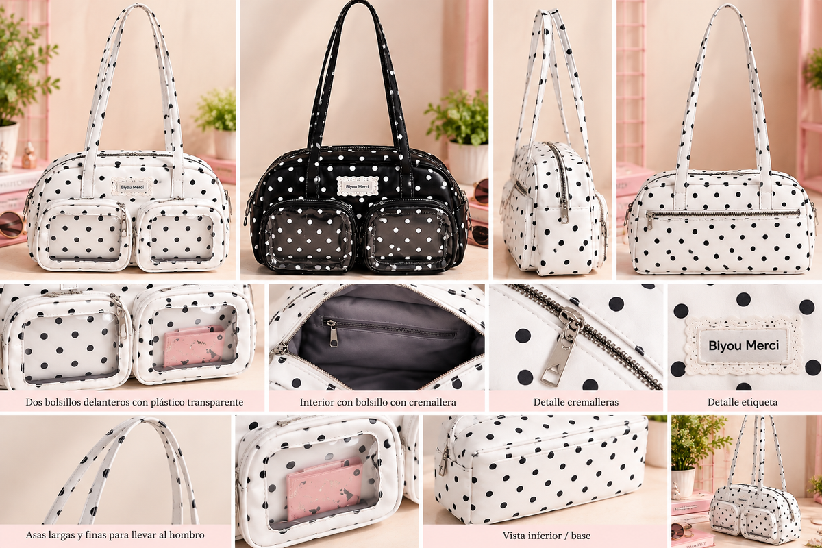 Detalles del bolso Pippa de lunares y sus bolsillos delanteros.