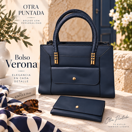 Bolso Verona azul marino con cartera a juego, vista frontal.
