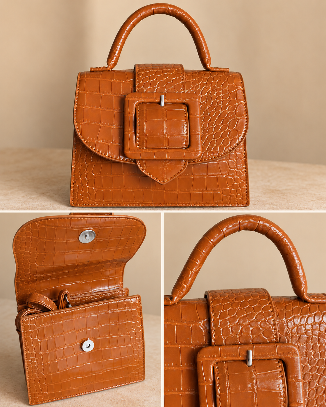 Detalles del Bolso Mara: bolso abierto, textura, asa corta y hebilla frontal.