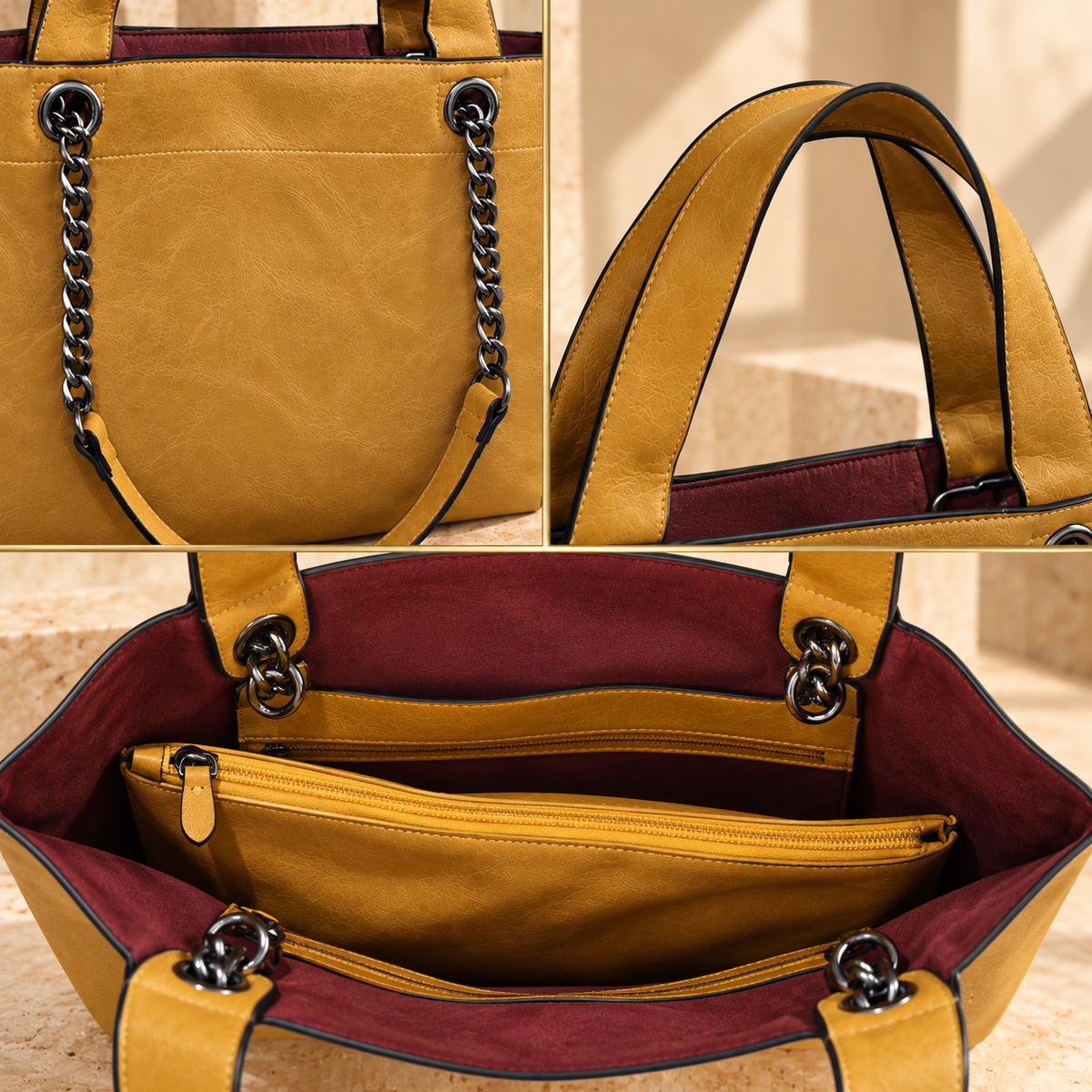 Detalles del bolso Roma marrón: textura, asas y cadenas metálicas